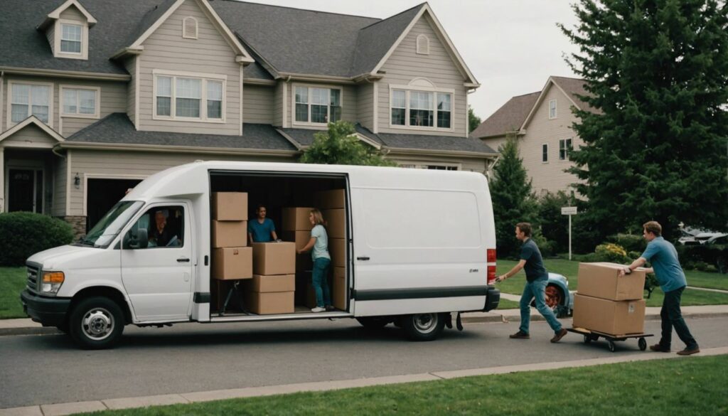 Moving van parked outside a house with people loading boxes, representing an organized moving process.