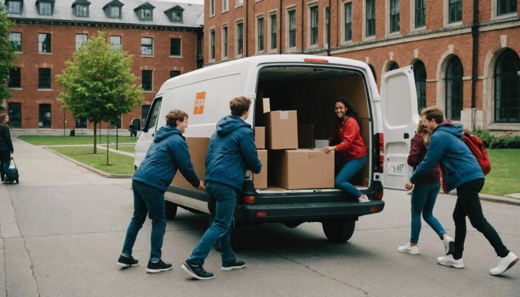 Students moving boxes and furniture into a van in front of a university building.