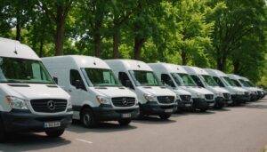 Eco-friendly moving vans lined up with green trees in the background, promoting sustainable moving options.