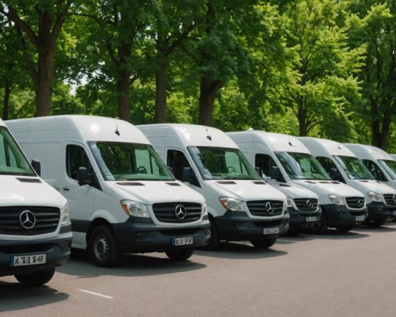Eco-friendly moving vans lined up with green trees in the background, promoting sustainable moving options.