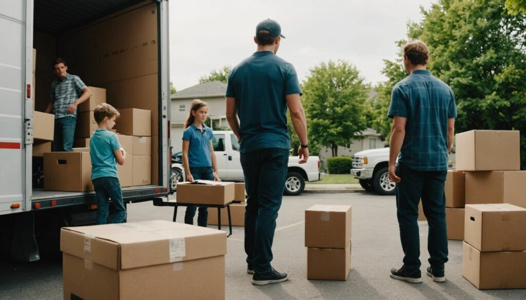 Family packing boxes into a moving truck, with a checklist and moving supplies in the foreground.
