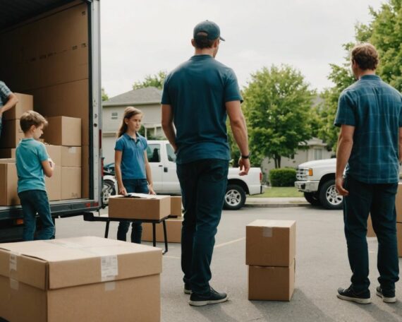 Family packing boxes into a moving truck, with a checklist and moving supplies in the foreground.