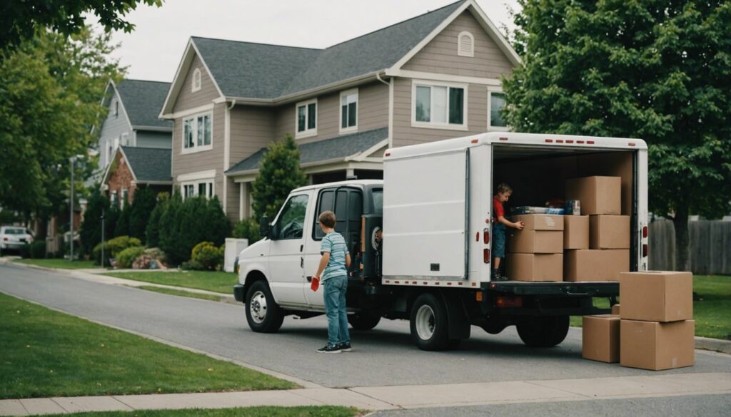 Family loading boxes into a moving truck in a suburban neighborhood.