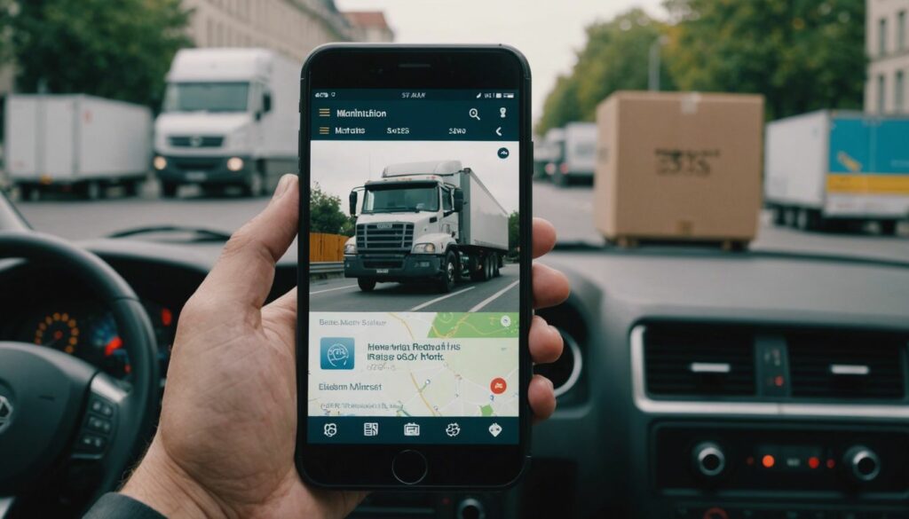 Smartphone showing moving app interface with truck, boxes, and map icons in the background.