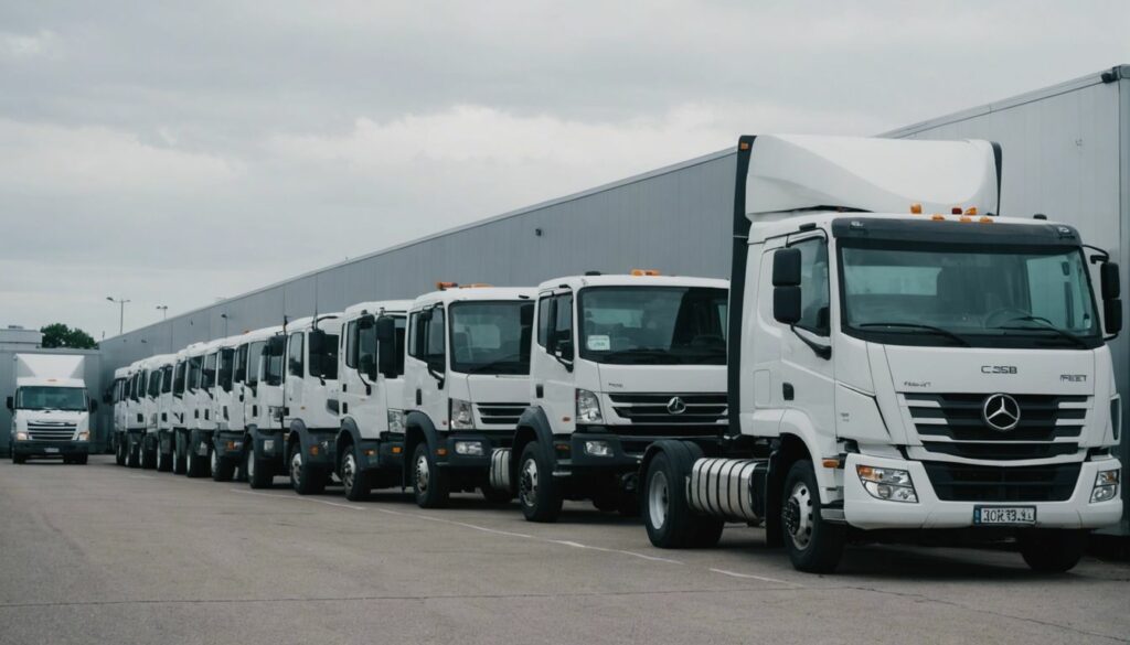 Fleet of modern moving trucks parked in front of a warehouse for commercial moving services.