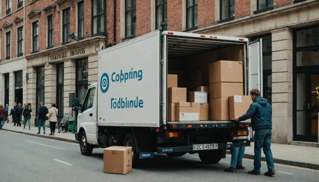 People loading a moving truck with boxes and furniture, ensuring efficient and safe arrangement.