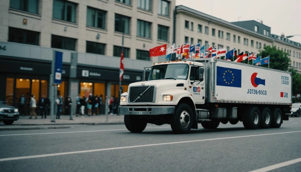 Moving truck with international flags, representing tips for finding the right transporter for international moves.