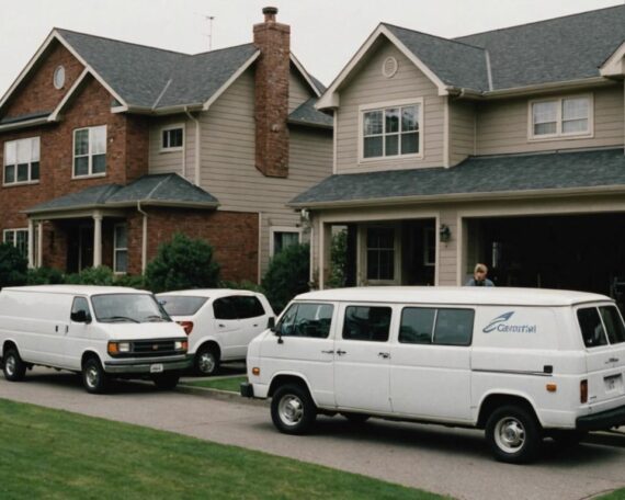 Family loading boxes into a moving van, with various sizes of moving vans parked in front of a house.