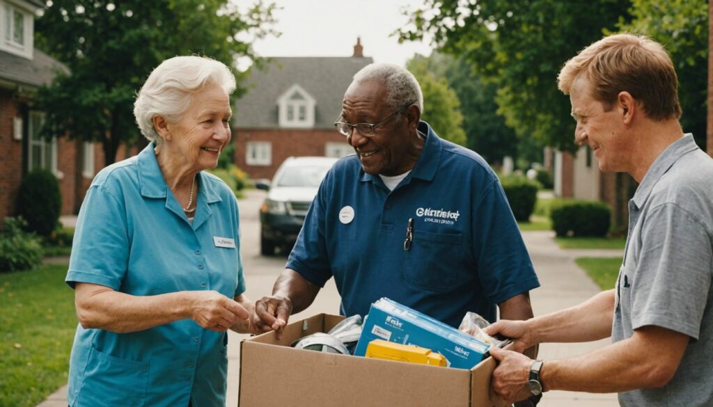 Friendly moving company employee helping elderly couple with their move, representing care and professionalism in senior relocations.