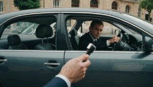 Comparison between self-driving and hiring a driver, depicting a person driving and a chauffeur opening a car door.