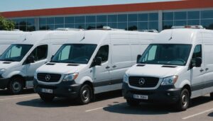 Fleet of modern transport vans in front of a rental service center, showcasing top providers for van rentals.