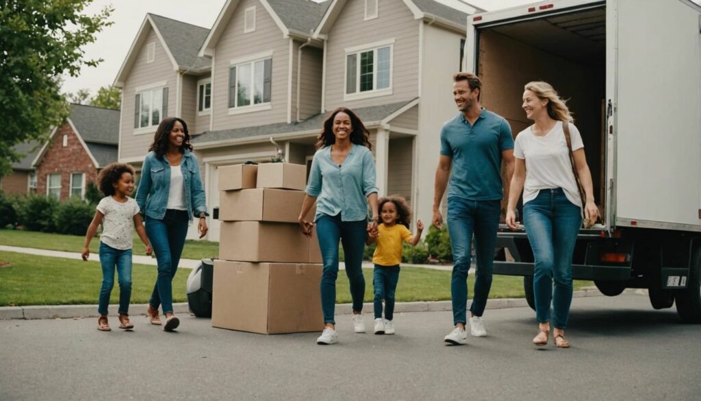 Happy family moving into a new home with a moving truck and boxes around.