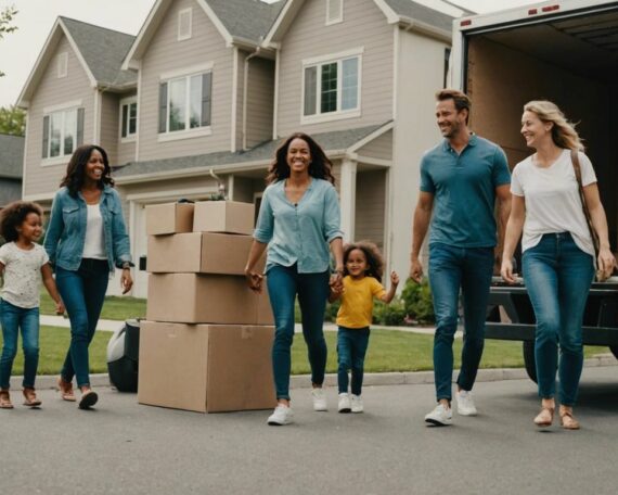 Happy family moving into a new home with a moving truck and boxes around.