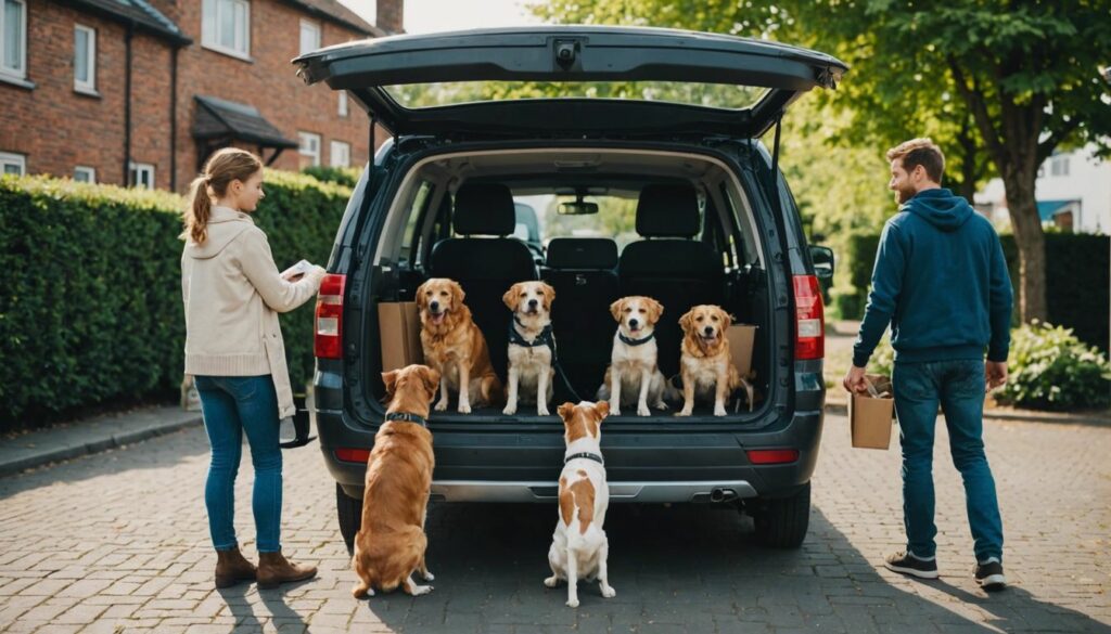 Family loading a transporter with pets, ensuring their comfort and safety during the move.