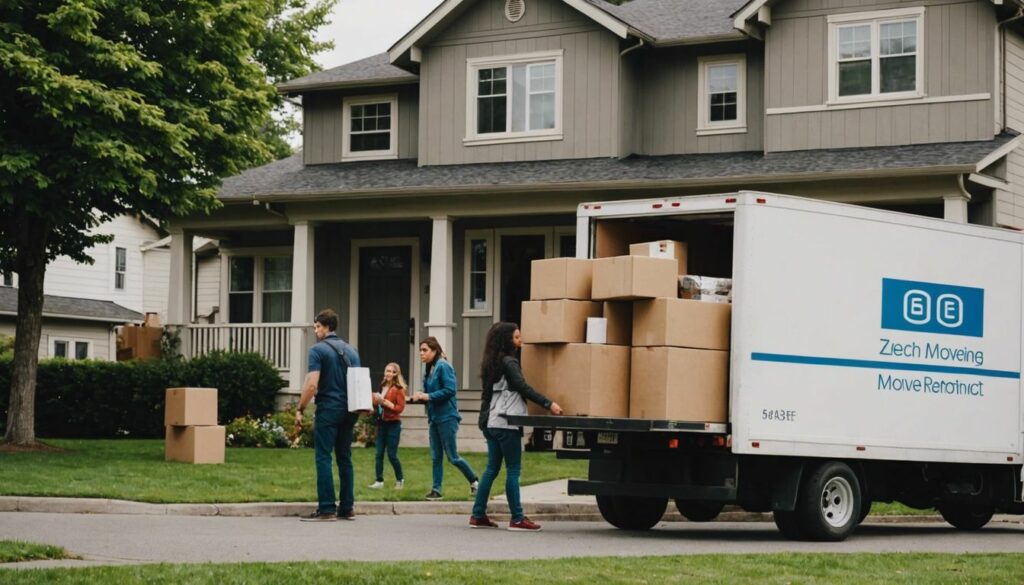 People loading boxes into a moving truck in front of a house, illustrating moving truck rental costs.