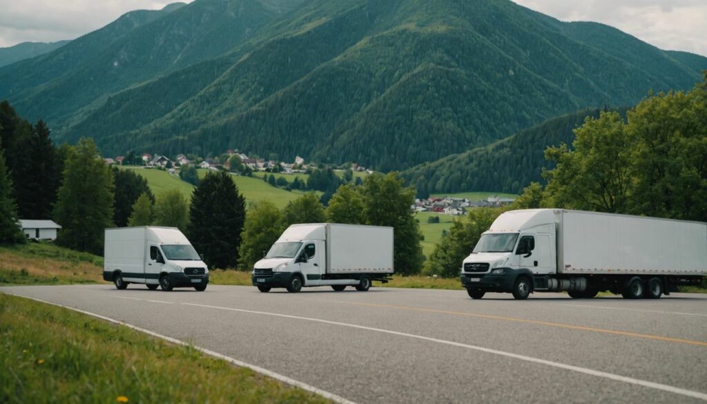 Modern moving trucks of various sizes parked in a scenic area, ideal for regional relocations.