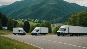 Modern moving trucks of various sizes parked in a scenic area, ideal for regional relocations.