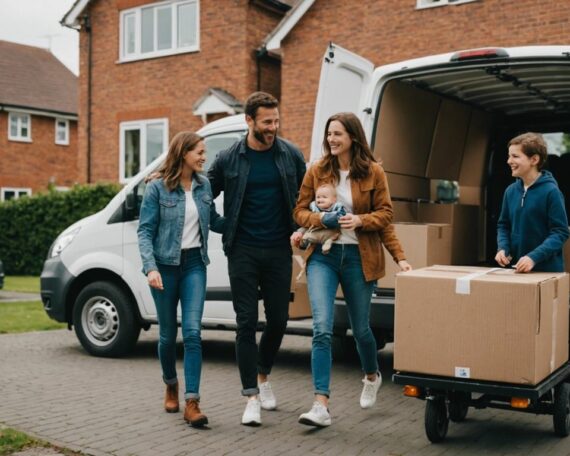 Happy family moving into a new home with a rented transporter van parked outside.