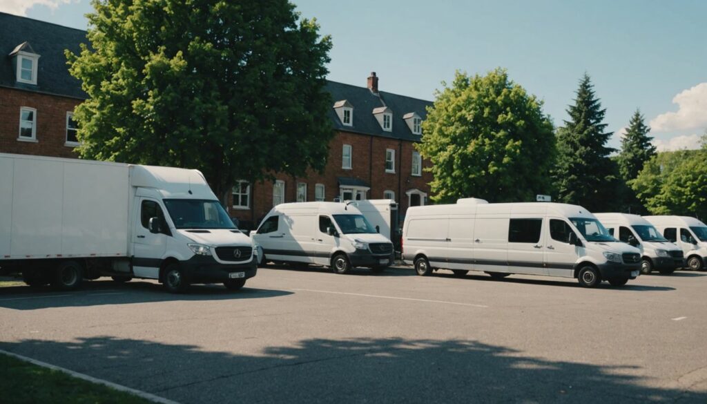 A family loading boxes into a moving van, with several other moving vans parked in the background.