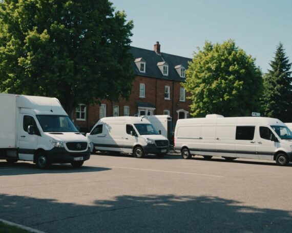A family loading boxes into a moving van, with several other moving vans parked in the background.