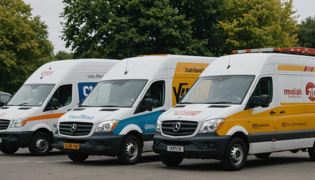 Comparison of popular moving van brands with logos and images of vans in action.