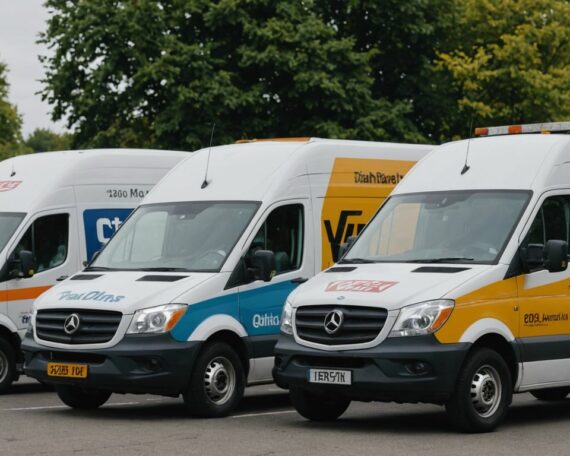 Comparison of popular moving van brands with logos and images of vans in action.