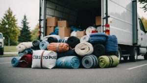 Moving truck surrounded by essential accessories like straps, dollies, and blankets for a well-prepared move.