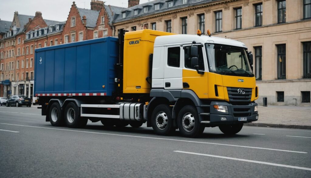 Transporter with hydraulic tail lift loading heavy equipment, demonstrating its efficiency and versatility in various tasks.