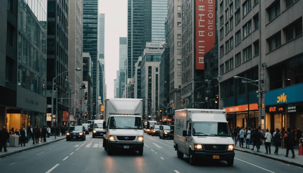 Moving truck parked on a busy city street with tall buildings and people walking by.