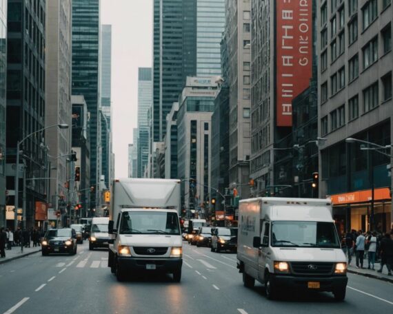Moving truck parked on a busy city street with tall buildings and people walking by.