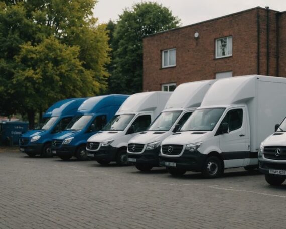 Rental trucks and vans lined up for moving