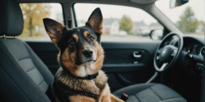 Pets in a rental vehicle during a move, looking calm.