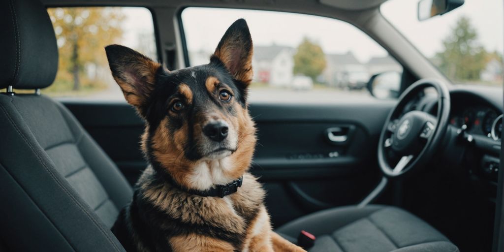 Pets in a rental vehicle during a move, looking calm.