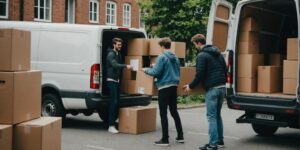 Students moving boxes into a rental van