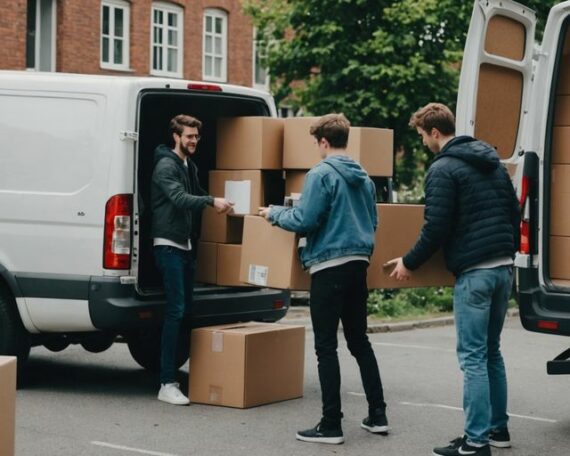 Students moving boxes into a rental van