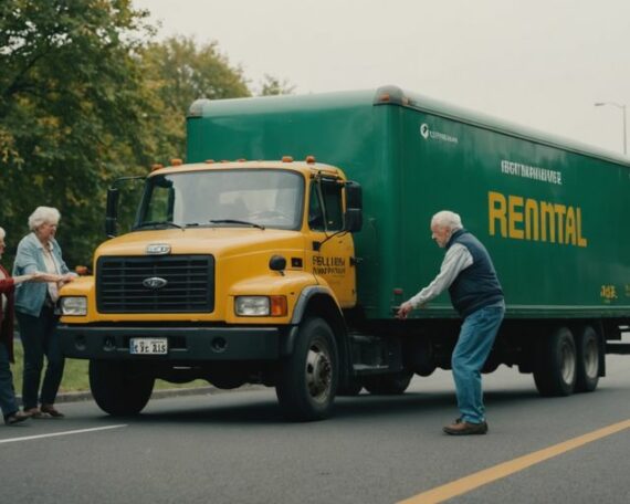 Senior couple moving with rental truck and assistance