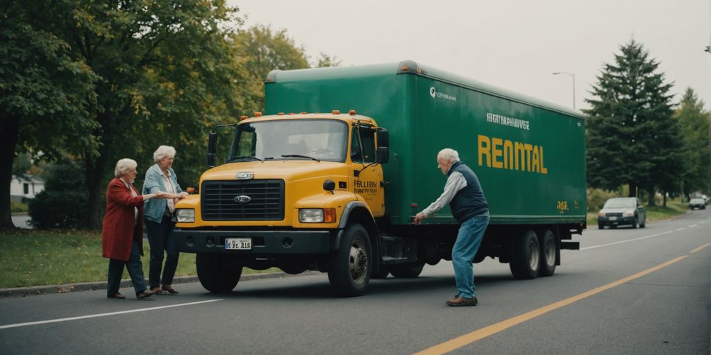 Senior couple moving with rental truck and assistance