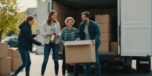 Family unloading boxes from a rental moving truck