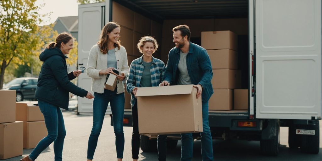 Family unloading boxes from a rental moving truck