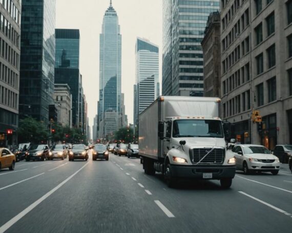 Moving truck in a bustling city with tall buildings.