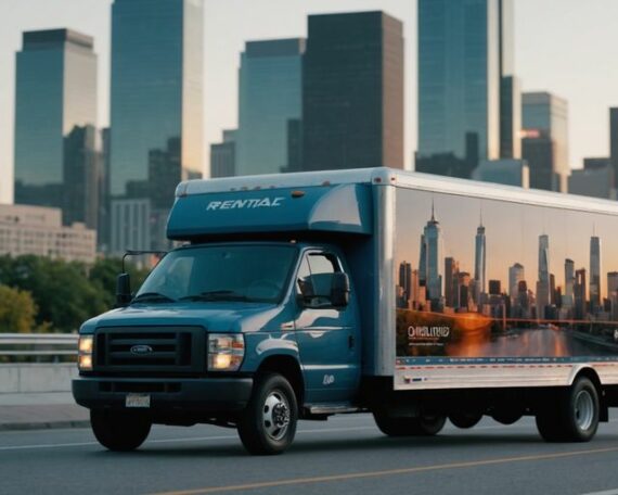 Moving truck with cityscape and rental options