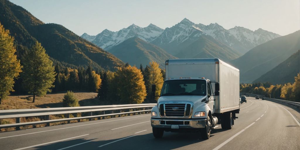 Moving truck on highway with mountains, sunny day.
