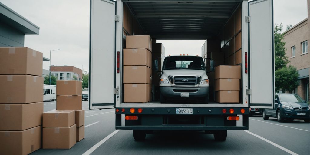 Safety gear and boxes near a moving truck