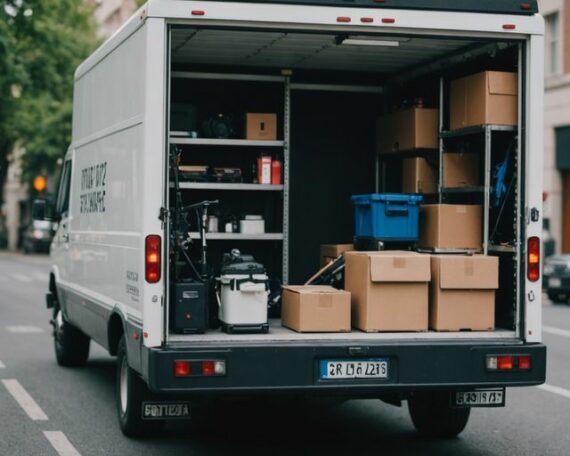 Rental moving truck with equipment and accessories for relocations