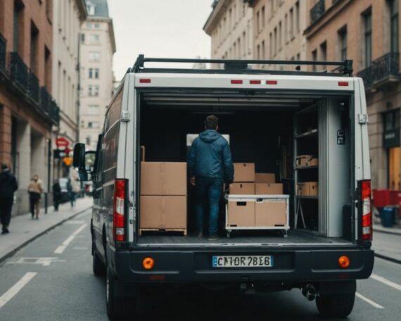 Rental truck with liftgate parked in city area.