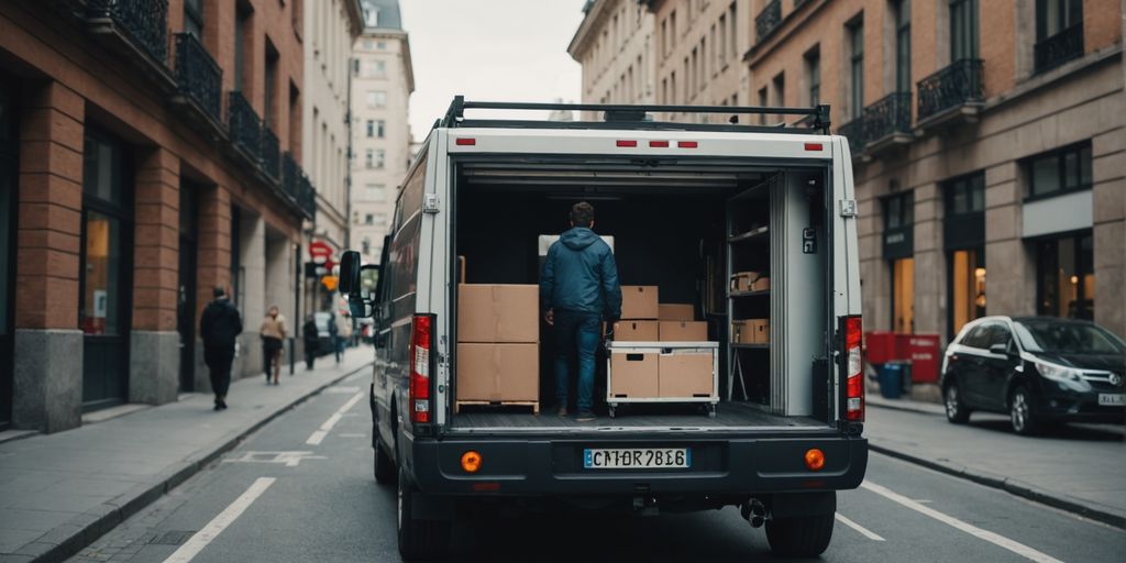 Rental truck with liftgate parked in city area.