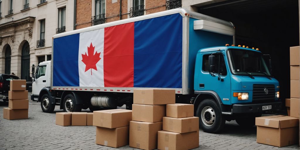 Moving truck with flags and boxes for international move