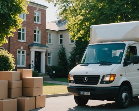 Moving truck loaded with boxes and furniture