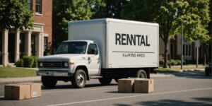 Rental moving truck with boxes and a sign